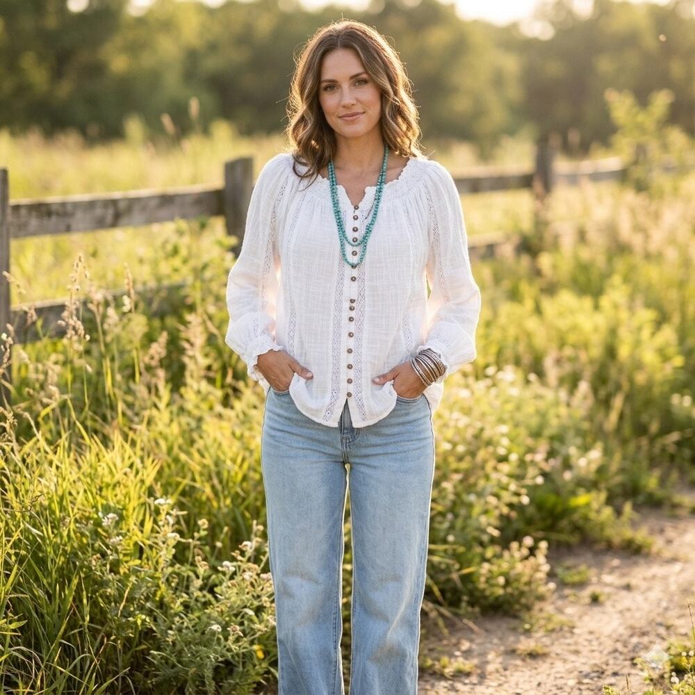 Sundance White Cotton Gauze Lace Trim Peasant Blouse Top PM Petite Medium Boho